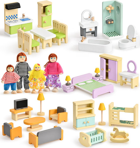 Wooden dolls house - dolls, furniture
